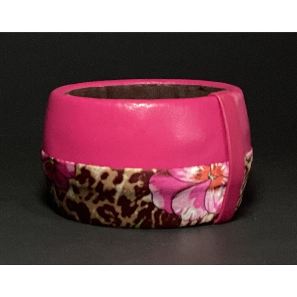 Tasha Chunky Wide Leather and Silk Bangle Bracelet in Pink Floral & Leopardskin - Picture 3 of 7